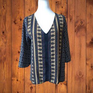 Alya Women's Small Blue Multi-Colored V-Neck Pullover 3/4 Bell Sleeve Blouse